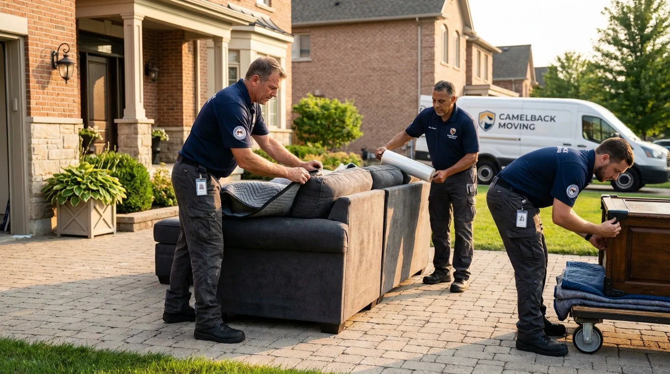 Large estate moving crew wrapping furniture in Warren, RI