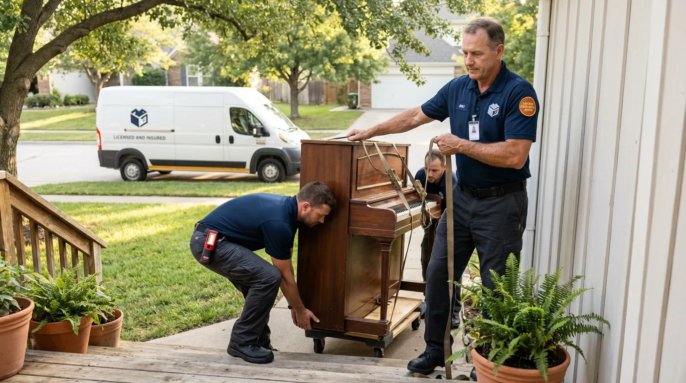 Licensed piano movers securing grand piano in Warren, RI