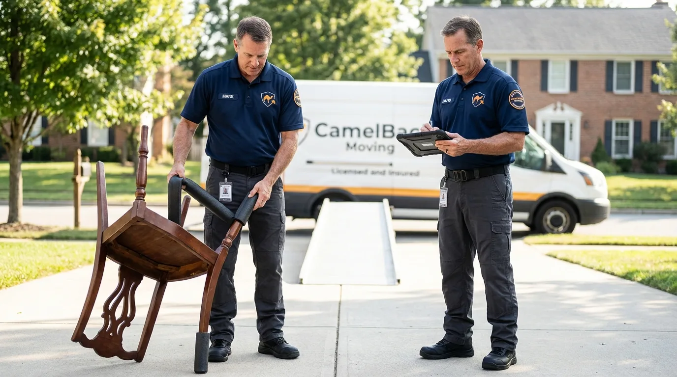 Movers inspecting furniture for damage prevention before loading in Warren, RI
