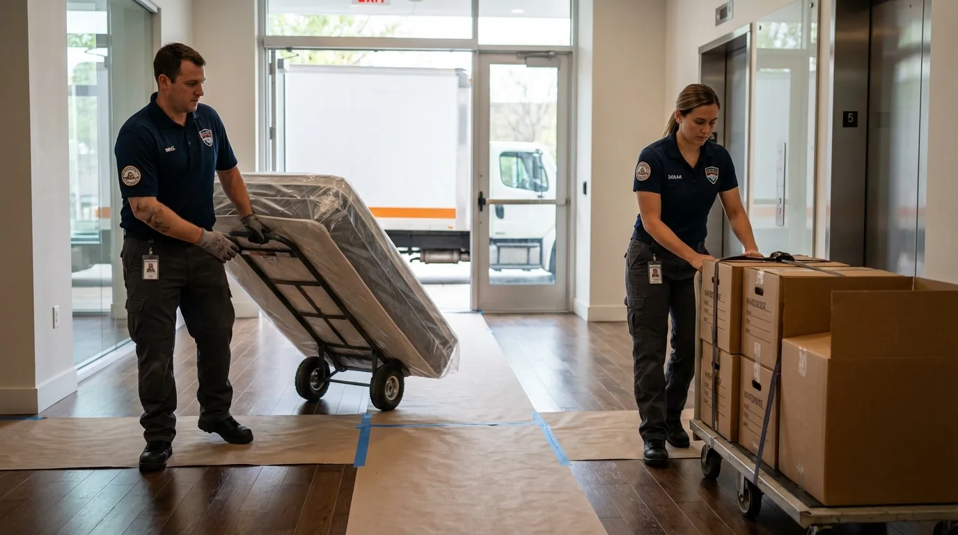 Professional apartment movers loading elevator in Warren, RI