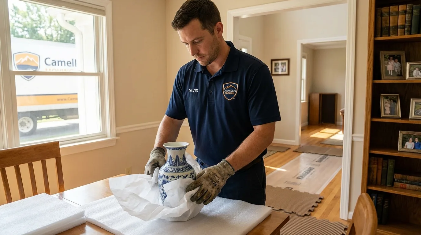 Professional crew carefully wrapping antique vase for senior downsizing move in Warren, RI